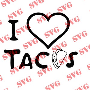 以下が含まれることがあります： 「I love tacos」というテキストと、中にタコスが入ったハートの形をした黒と白のグラフィックデザインです。