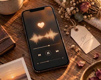 May include: A smartphone displaying a music player interface with a glowing heart icon and an audio waveform on a dark screen. The interface includes playback controls such as play, pause, skip, and a progress bar, all set against a warm, rustic background.