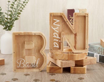 Personalized Large Wooden Kids Letter Piggy Bank,Custom Name Coin Bank,Wood Alphabet Letter Bank Money Box Birthday,Unique Baby Shower Gift