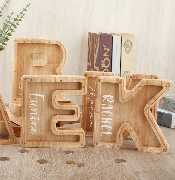 Personalized Wooden Letter Piggy Bank, Alphabet Piggy Bank With Name Stickers,Custom Initial Coin Bank, Name  Piggy  Bank,Gift for Child