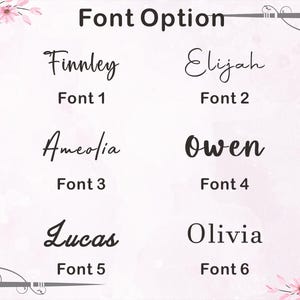 Puede incluir: Una tabla que muestra seis opciones de fuente para personalizar texto. Cada opci&oacute;n presenta un nombre escrito en un tipo de letra distinto, etiquetado de Font 1 a Font 6. Los nombres son Finnley, Elijah, Ameolia, Owen, Lucas y Olivia en negro.