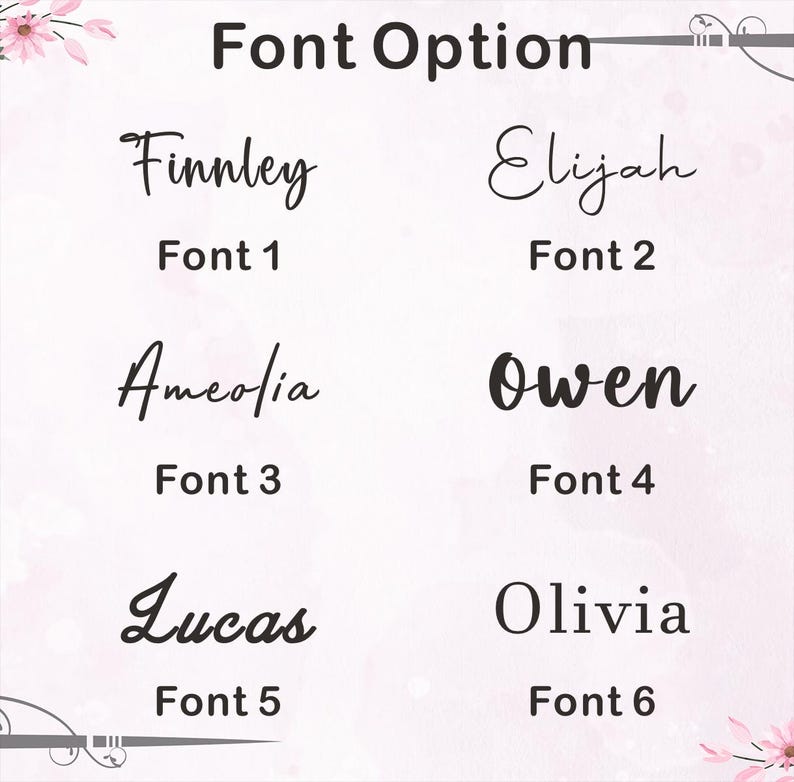 Puede incluir: Una tabla que muestra seis opciones de fuente para personalizar texto. Cada opci&oacute;n presenta un nombre escrito en un tipo de letra distinto, etiquetado de Font 1 a Font 6. Los nombres son Finnley, Elijah, Ameolia, Owen, Lucas y Olivia en negro.