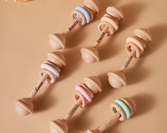 Sonajero de madera personalizado, juguetes sensoriales para bebés, regalos personalizados para recién nacidos, regalos para baby shower, regalos para sobrinos, regalos para recién nacidos, regalos de Navidad