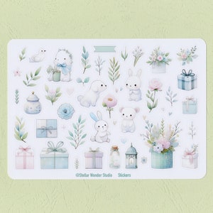 Feuille d'autocollants - Sticker fantaisiste | Lapin mignon | Nouveau-né | Baptême | Naissance | Baby Shower | Célébrez | Revue | Agenda | Album de coupures | Cadeau