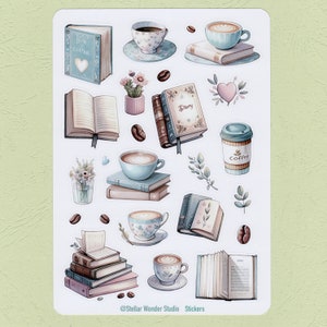 Feuille d'autocollants - Lectures tranquilles : où des histoires se préparent à chaque gorgée｜Livres｜Café｜FleursAmour｜Festival｜JournalAgenda｜ScrapbookCadeau