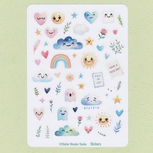May include: A sheet of colorful stickers featuring cute cartoon characters, including clouds, hearts, stars, rainbows, and suns. The stickers are perfect for adding a touch of whimsy to journals, planners, and other creative projects.