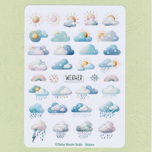 Sticker Sheet - Weather | Mood | Cloud | Sun | Rain | Rainbow | Journal | Planner | Scrapbook | Gift