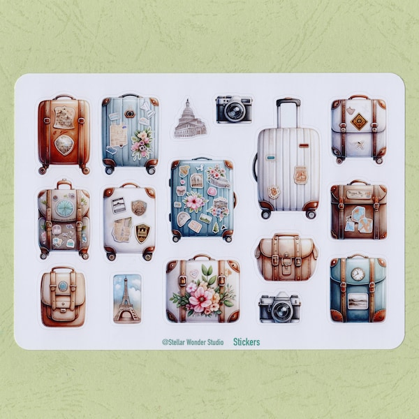 Sticker Sheet - Vintage Suitcase | Backpack | Camera | Travel | Festival | Journal | Planner | Scrapbook |Gift