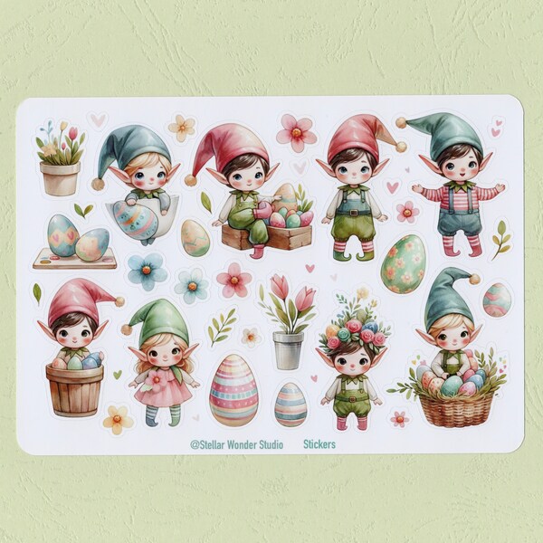 Sticker Sheet - Easter | Elf | Spring | Garden | Egg | Friend | Flower | Picnic | Journal | Planner | Diary | Laptop | Scrapbook |Gift