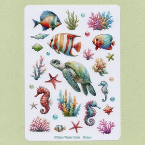 Hoja de calcomanías: Mundo oceánico, vida marina, tortugas marinas, caballitos de mar, estrellas de mar, perlas, corales o peces, diario, agenda, álbum de recortes, computadora portátil, regalo