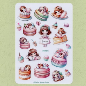 May include: A sheet of stickers featuring cute cartoon girls with pastel colors and floral accents. The stickers depict girls wearing dresses, holding flowers, and enjoying pastries. The text "Greeting" and "Stickers" is included on the sheet.