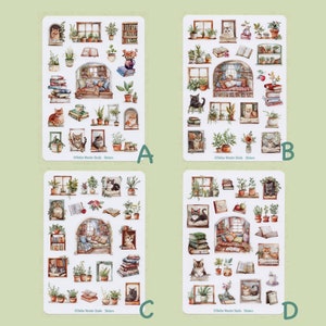 Feuille d'autocollants - Lecture tranquille : un coin livre avec des chats et des plantes, Animal mignon, Temps libre, Temps heureux, Journal, Agenda, Scrapbook, Ordinateur portable, Cadeau