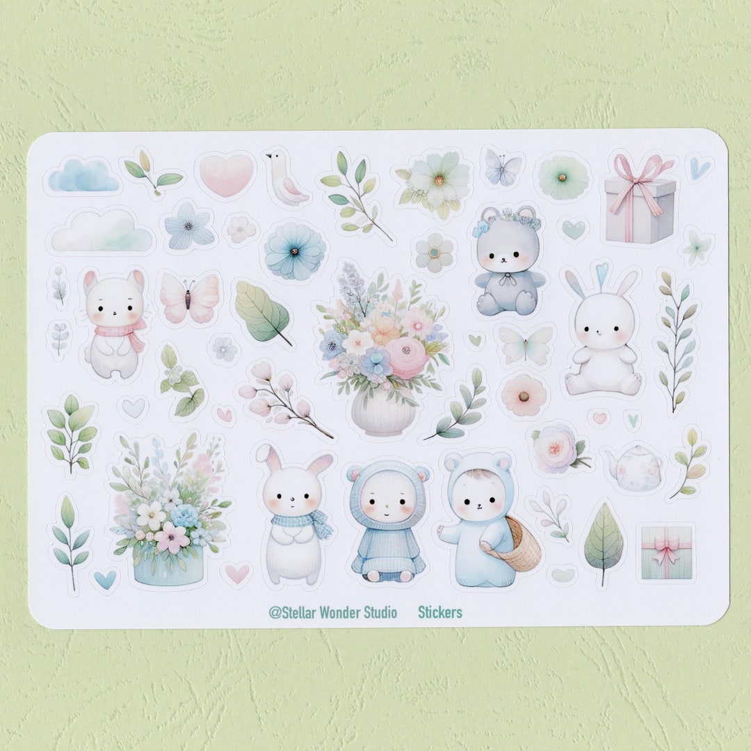 Whimsy Sticker Printable Sticker Sheet - Whimsical Sticker | Cute Bunny | Newborn | Baptism ...