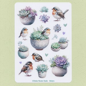 Hoja de calcomanías: Hermoso jardín, suculentas, pájaros, felicidad, primavera, festividades, decoración para festivales, diario, agenda, álbum de recortes, computadora portátil, regalo