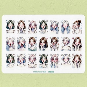 May include: A sheet of stickers featuring 18 different illustrations of a young woman with various expressions. The stickers are on a white background with a light blue border. The text "@Stellar Wonder Studio Stickers" is at the bottom of the sheet.