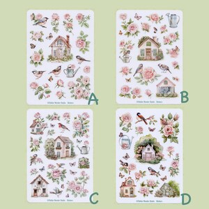 Folha de adesivos — Rose bird Haven: Um jardim de chalé onde as rosas florescem e os pássaros cantam｜Flor｜Decoração para festival｜Diário｜Planejador｜Álbum de recortes
