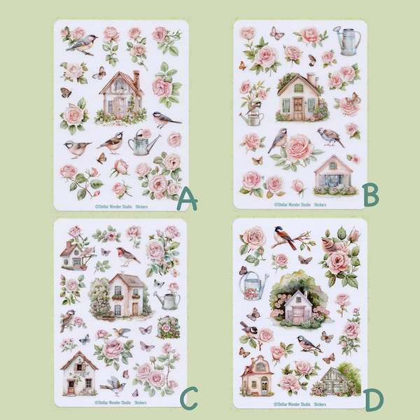 Sticker Sheet—Rose bird Haven: A Cottage Garden Where Roses Bloom and Birds Sing｜Flower｜Decoration for Festival｜Journal｜Planner｜Scrapbook