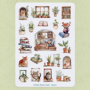 Feuille d'autocollants - Lecture tranquille : un coin livre avec des chats et des plantes, Animal mignon, Temps libre, Temps heureux, Journal, Agenda, Scrapbook, Ordinateur portable, Cadeau