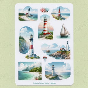 Stickervel - Ocean World (Vuurtoren: Guiding Light of the Ocean's Embrace), landschap, decoreren, dagboek, planner, plakboek, laptop, cadeau