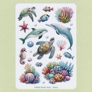 Sticker Bogen ｜ Meereswelt ｜ Meerestiere ｜ Meeresschildkröte ｜ Delfin ｜ Seepferdchen ｜ Seestern ｜ Perlen｜ Koralle | Fische｜Tagebuch｜Planer｜Scrapbook｜Laptop｜Geschenk