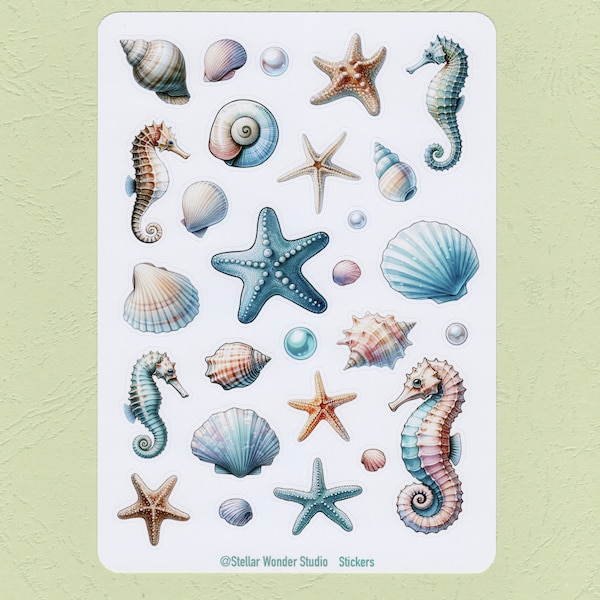 Sticker Sheet - Ocean world｜Marine life｜Seahorse｜Starfish｜Sea snail｜Shell｜Pearl｜Journal｜Planner｜Scrapbook｜Laptop｜Gift