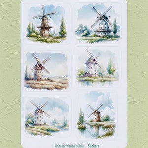 Feuille d'autocollants - Moulin à vent aquarelle | Taille unique 5x5,5 cm | Paysage | Décorer | Revue | Agenda | Album de coupures |Cadeau-03