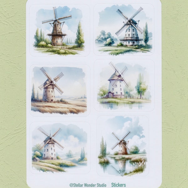 Sticker Sheet - Watercolor Windmill | Single size 5x5.5cm | Landscape | Decorate | Journal | Planner | Scrapbook |Gift-03