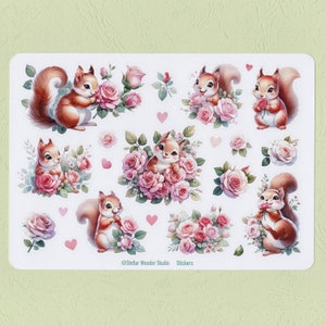 Sticker Blatt - Süße Tiere｜Rosige Eichhörnchen: Wunderliche Schwänze von Floral Feasts｜Rose｜Frühling｜Festival｜Journal｜Planer｜Scrapbook｜Laptop｜Geschenk