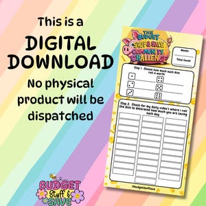 Puede incluir: Descarga digital con fondo de arcoíris. El texto dice: "Esto es una DESCARGA DIGITAL. No se enviará ningún producto físico." A la derecha hay una hoja imprimible de desafío de ahorro.