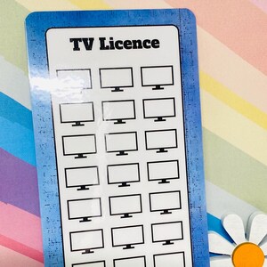 May include: A blue and white TV Licence card with the words "TV Licence" at the top. The card has a grid of TV icons and spaces for pricing. The text "Each - &pound;" and "Total - &pound;" are also present.