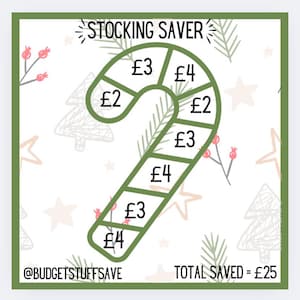 May include: A green candy cane shape with numbers representing pounds, with the text "STOCKING SAVER" and "TOTAL SAVED = £25" and the text "@BUDGETSTUFFSAVE".