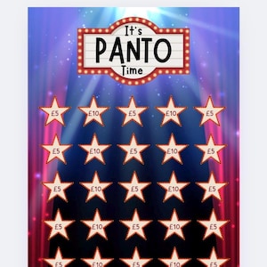 May include: A theatrical poster with a marquee sign that reads "It's PANTO Time." The design features star-shaped tickets with values of £5 and £10 arranged in rows. The background is a gradient of blue and purple.