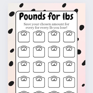 May include: A printable weight loss tracker with the text "Pounds for Ibs" and "Save your chosen amount for every lb you lose!"  The tracker features 16 black and white scale icons.