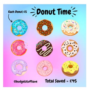 May include: Nine colourful donuts with various toppings, including sprinkles, chocolate chips, and white frosting. The text "Donut Time" is written in black at the top of the image. The text "Each Donut £5" is written at the top left of the image. The text "Total Saved = £45" is written at the bottom right of the image. The text "@budgetstuffsave" is written at the bottom left of the image.