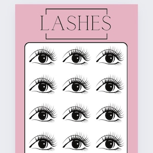 May include: A white card with the word "LASHES" in a black box at the top. The card has a grid of 12 black and white illustrations of eyes with different lash styles.