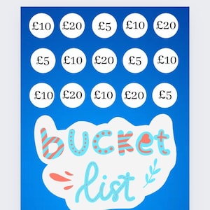 May include: A blue background with white circles containing different amounts of money in pounds sterling. The circles are arranged in a grid of three rows and five columns. The text "bucket list" is written in a whimsical font in the lower center of the image.
