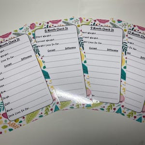 May include: Four printable weight tracker sheets with floral designs. Each sheet is labeled with a different month: 3 Month Check In, 6 Month Check In, 9 Month Check In, and 12 Month Check In. Each sheet has sections for Start Weight, Current Weight, Weight Loss So Far, Current, Difference, Waist, Chest, Hips, Arm, Thigh, Calf, Neck, and Inch Loss So Far.