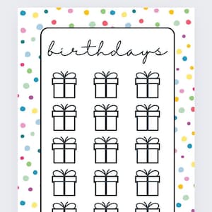May include: A white sheet with black outlines of gift boxes. The sheet has the word "birthdays" written in cursive at the top. The sheet is surrounded by a border of colorful polka dots.