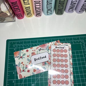 May include: A close-up of a bird food tracker with a floral design. The tracker has 20 circles to mark off each time bird food is purchased. The text "Bird Food" is printed on the tracker.