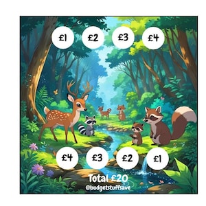May include: A colourful illustration of a forest scene with cartoon animals, including deer, raccoons, and foxes. White circles with numbers and the British pound symbol are scattered throughout the image. The text "Total £20" and the username "@budgetstuffsave" are also present.