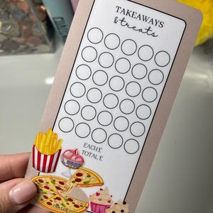 May include: A beige card with a white circle tracker for tracking takeaways and treats. The card has the text "TAKEAWAYS & treats" at the top. The bottom of the card has a graphic of pizza, fries, cupcakes, and ice cream. The card also has the text "EACH £ TOTAL £".