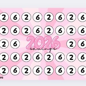 May include: Pink savings tracker with a radial burst design. The tracker has circles with the numbers 2 and 6 inside. The text "2026 savings" is in the center. The total savings amount is &pound;224.