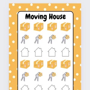 May include: A printable worksheet with the title "Moving House" on a yellow background with white polka dots. The worksheet has images of boxes, keys, houses, and a key with a house on it.