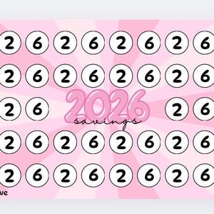 May include: Pink savings tracker with a radial burst design. The tracker has circles with the numbers 2 and 6 inside. The text "2026 savings" is in the center. The total savings amount is &pound;224.