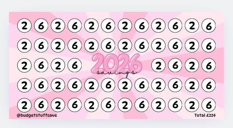 May include: Pink savings tracker with a radial burst design. The tracker has circles with the numbers 2 and 6 inside. The text "2026 savings" is in the center. The total savings amount is &pound;224.