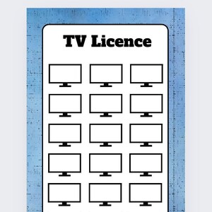 May include: A white rectangle with the words "TV Licence" in bold black letters. Below the text are 15 black and white illustrations of televisions, arranged in five rows of three.
