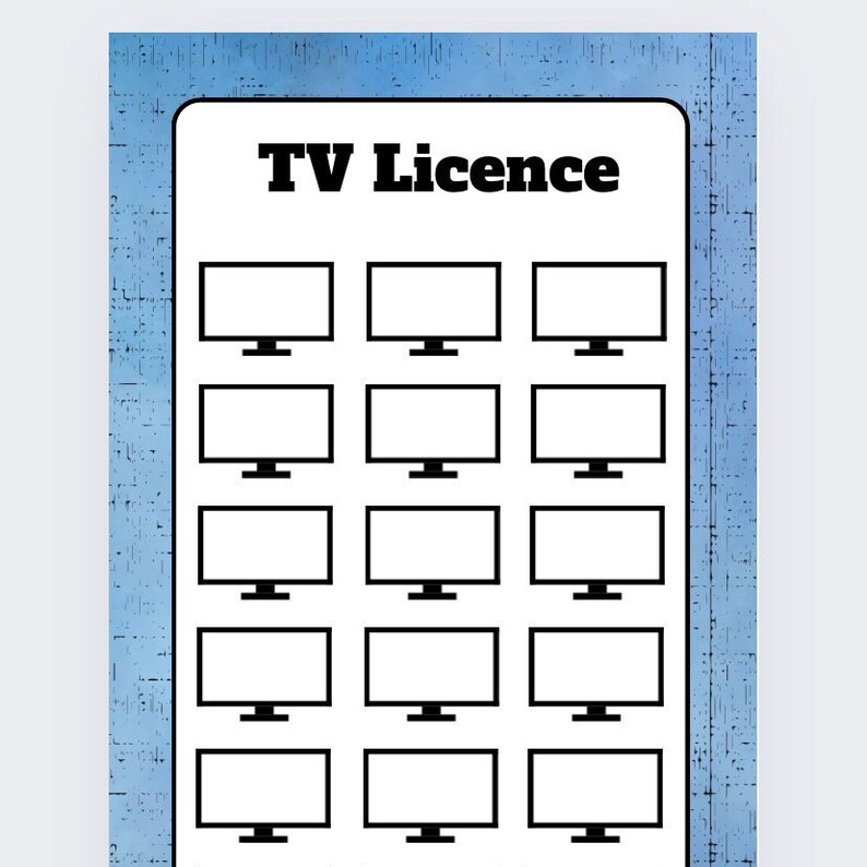 May include: A white rectangle with the words "TV Licence" in bold black letters. Below the text are 15 black and white illustrations of televisions, arranged in five rows of three.