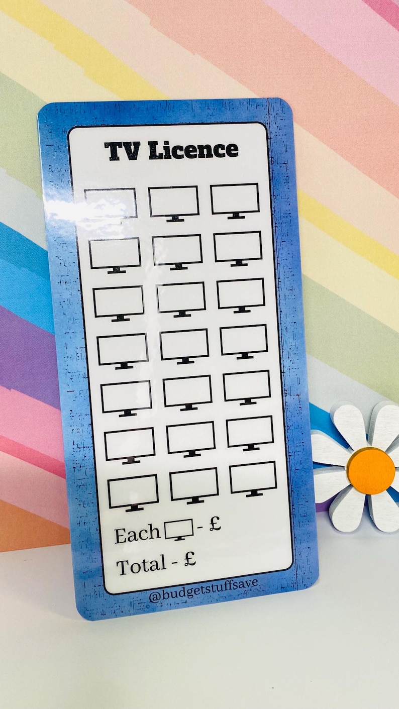 May include: A blue and white TV Licence card with the words "TV Licence" at the top. The card has a grid of TV icons and spaces for pricing. The text "Each - &pound;" and "Total - &pound;" are also present.