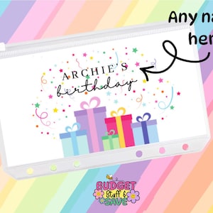 May include: Clear zipped pouch with a colourful birthday design. The pouch features the text "ARCHIE'S birthday" with confetti and gift box illustrations. The background is a rainbow pastel pattern.