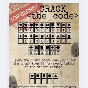 May include: A poster with a code-breaking theme, featuring a cipher key with symbols and letters, the words "TOP SECRET" and "CRACK the code", and a fingerprint. The text encourages the user to crack the code and save £5 per letter.